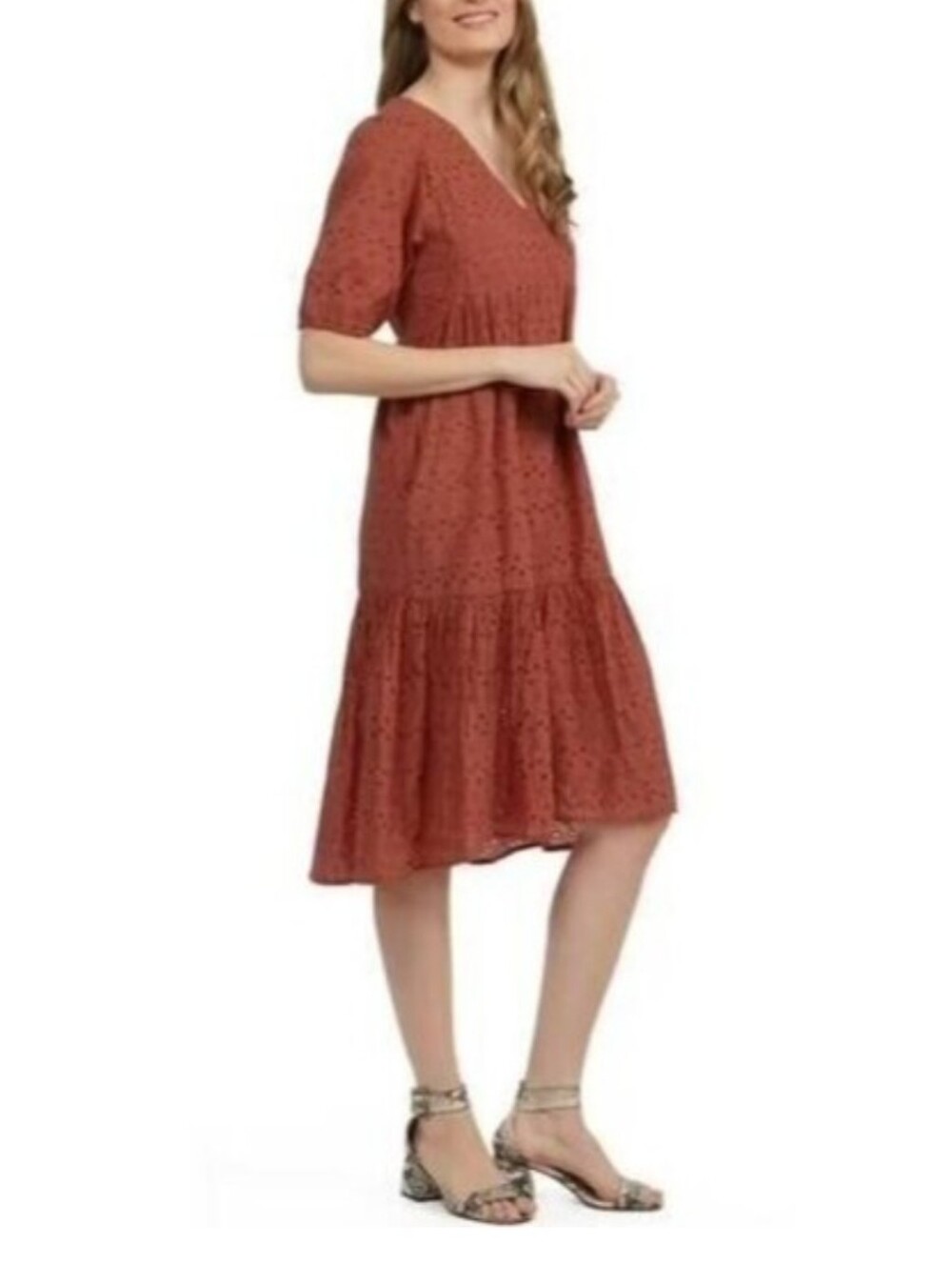 Mexx Eyelet Midi Dress Splice Neck Half Puff Sleeves Cotton Rust Burnt Orange